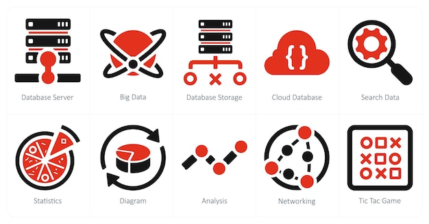 Un set di 10 icone di web marketing come server di database di big data di archiviazione di database