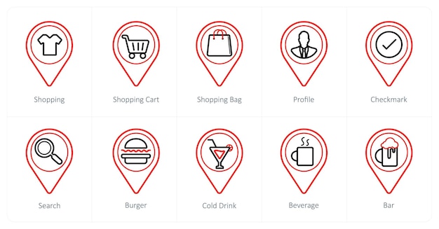 Un set di 10 icone Location Pointer come shopping shopping cart shopping bag