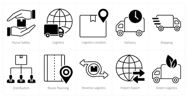 Un set di 10 icone logistiche come posizione logistica di sicurezza dei pacchi