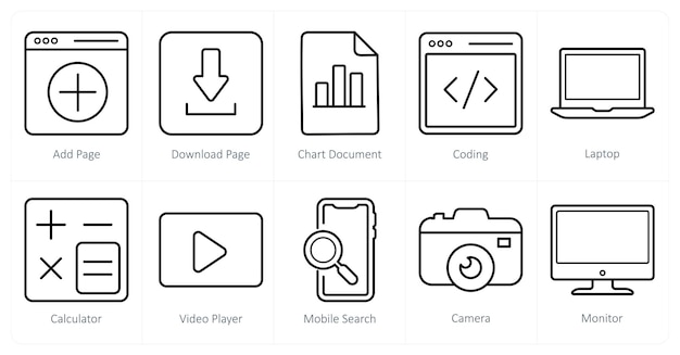 Un set di 10 icone ui come aggiunta pagina download pagina documento grafico