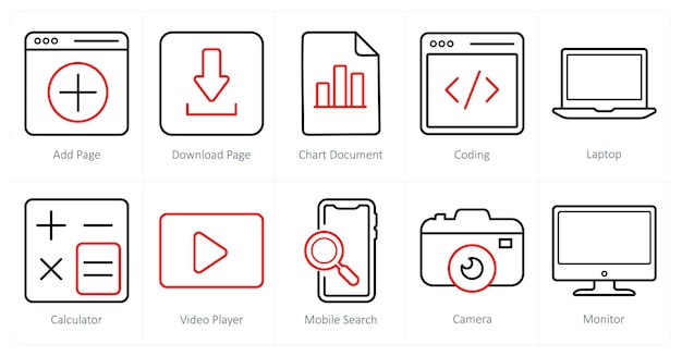 Un set di 10 icone ui come aggiunta pagina download pagina documento grafico