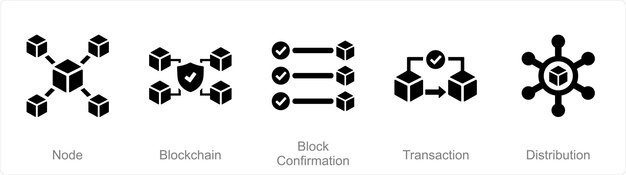 Un set di 5 icone Blockchain come conferma del blocco blockchain del nodo