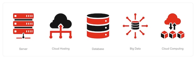 Un set di 5 icone di analisi dei dati come server cloud hosting database