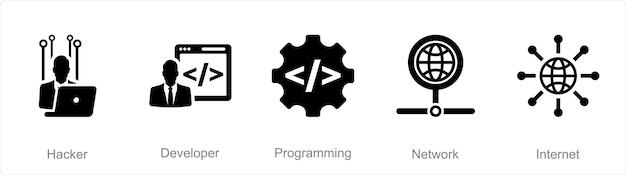 Un set di 5 icone di computer Internet come programmazione per sviluppatori hacker