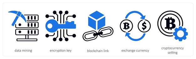 Un set di 5 icone di criptovaluta come link blockchain chiave di crittografia di data mining