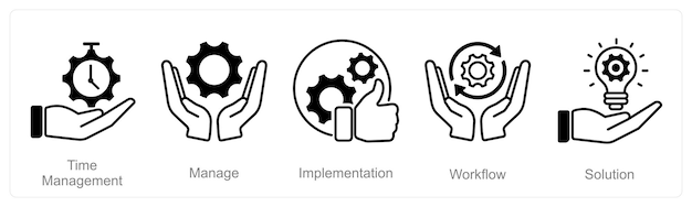 Un set di 5 icone di gestione del progetto come gestione del tempo per gestire l'implementazione