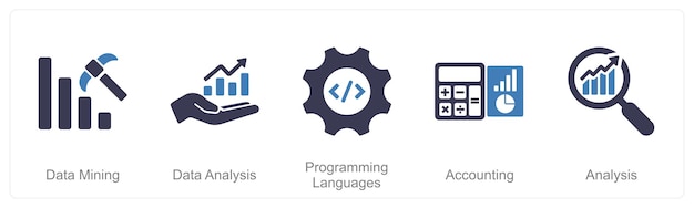 Un set di 5 icone di Hard Skills come linguaggi di programmazione per l'analisi dei dati di data mining