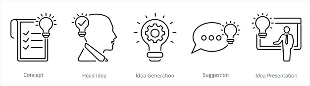 Un set di 5 icone di idea come concept head idea idea generation