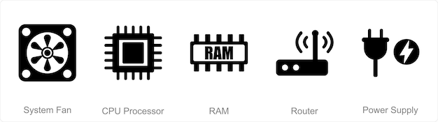 Un set di 5 icone di parti del computer come ram del processore della CPU della ventola di sistema