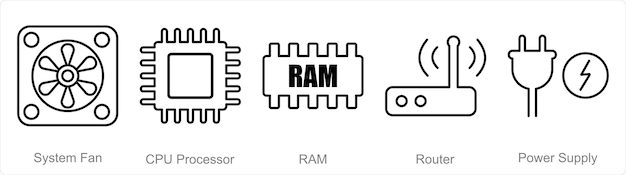 Un set di 5 icone di parti del computer come ram del processore della CPU della ventola di sistema