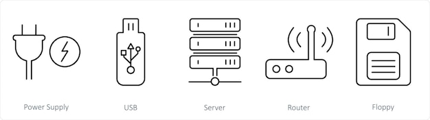 Un set di 5 icone di parti di computer come alimentazione server usb