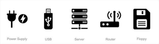 Un set di 5 icone di parti di computer come server USB di alimentazione