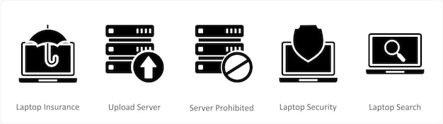 Un set di 5 icone nere Internet come laptop assicurazione server di caricamento server proibito