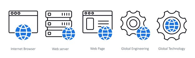 Un set di 5 icone Seo come pagina web del server web del browser internet
