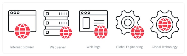 Un set di 5 icone Seo come pagina web del server web del browser internet