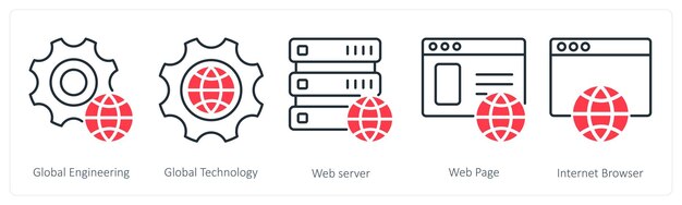 Un set di 5 icone Seo come server web tecnologico globale di ingegneria globale