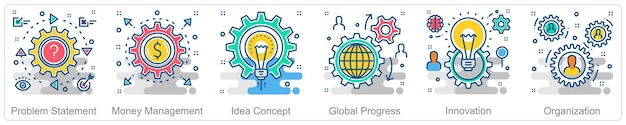 Un set di 6 icone aziendali come dichiarazione del problema concetto di idea di gestione del denaro