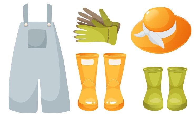 Un set di abbigliamento da giardinaggio colorato abbigliamento per un contadino tuta denim stivali di gomma guanti cappello