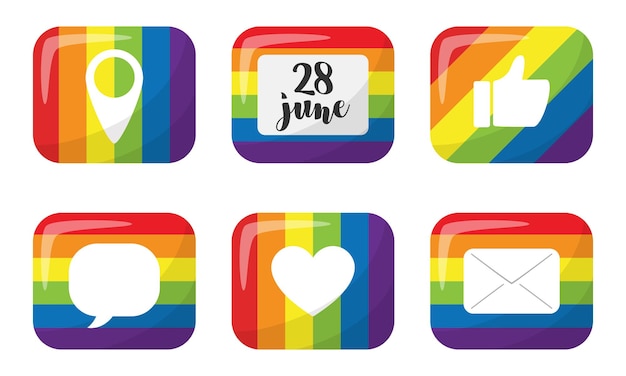 Un set di adesivi con elementi di social network Pulsanti rettangolari con i colori del mese di orgoglio isolati su sfondo bianco Illustrazione vettoriale del mese dell'orgoglio LGBT