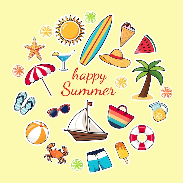 Un set di adesivi disegnati a mano per le vacanze estive Concetto di progettazione del viaggio per le vacanza estive Illustrazione vettoriale