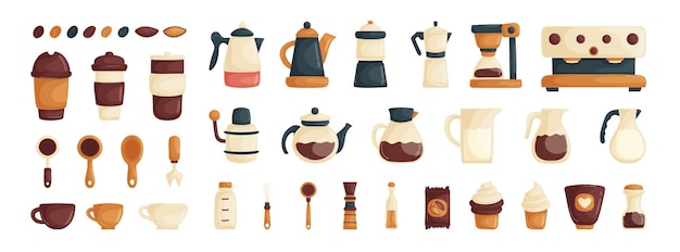 Un set di articoli per una caffetteria e un barista Macchine da caffè tazze tazze di carta teiere con brocche di caffè con torte di latte e cioccolato caffè e fagioli di cioccolatino stile cartone animato
