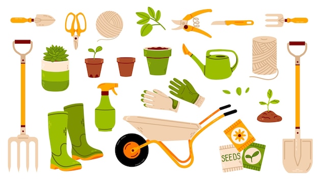 Un set di attrezzi e attrezzature da giardinaggio, compresi guanti, un bidone per l'irrigazione, una carriola e un grembiule