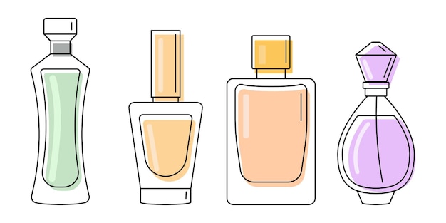 Un set di bottiglie di profumo e eau de toilette contorno nero con spruzzi di colore pastello Icone
