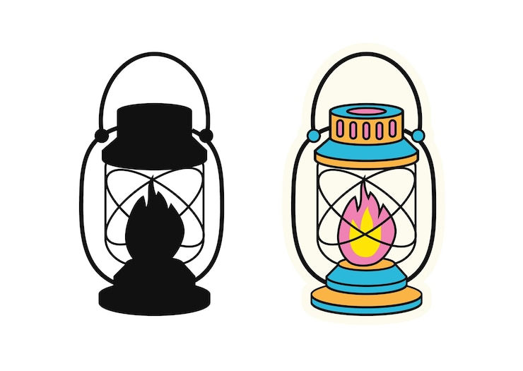 Vettore un set di cartoni animati di lampada a cherosene che brucia colore blu e rosa e silhouette della lampada