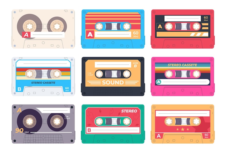 Vettore un set di cassette vintage retrò degli anni '90 portatori di musica riproduzione di composizioni sonore