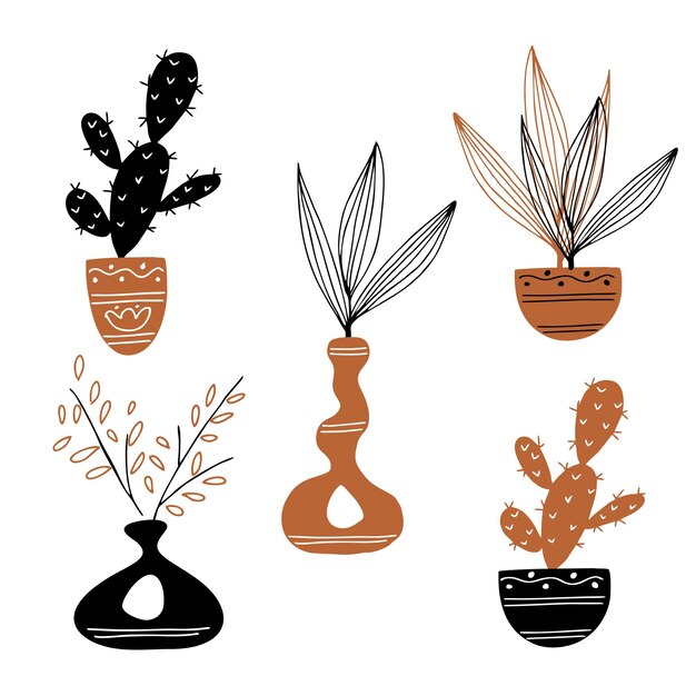 Un set di clipart con vasi di fiori e cactus Vector