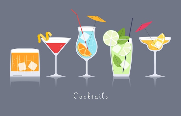 Un set di cocktail Bevande alcoliche leggere in bicchieri diversi Bevande in bar e caffè Menu cocktail