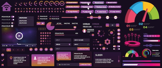 Un set di componenti dell'interfaccia utente per applicazioni mobili e siti web Include pulsanti pannelli menu cursori e grafici
