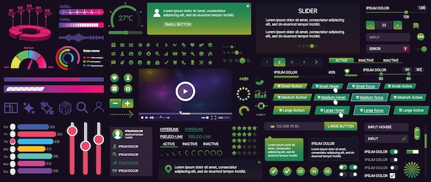 Un set di componenti dell'interfaccia utente per applicazioni mobili e siti web Include pulsanti pannelli menu cursori e grafici