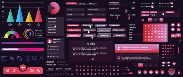 Un set di componenti dell'interfaccia utente per applicazioni mobili e siti web Include pulsanti pannelli menu cursori e grafici