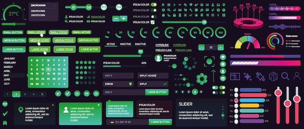Un set di componenti dell'interfaccia utente per applicazioni mobili e siti web Include pulsanti pannelli menu cursori e grafici