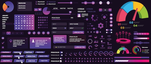 Un set di componenti dell'interfaccia utente per applicazioni mobili e siti web Include pulsanti pannelli menu cursori e grafici
