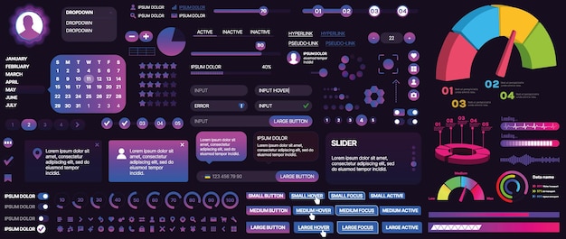 Un set di componenti dell'interfaccia utente per applicazioni mobili e siti web Include pulsanti pannelli menu cursori e grafici