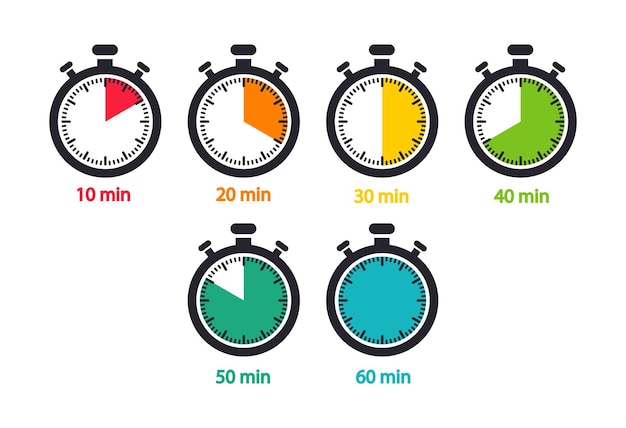 Un set di cronometro con tempi diversi, conto alla rovescia in minuti. Timer. Icone vettoriali.