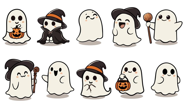 Un set di fantasmi di Halloween con emozioni diverse su uno sfondo semplice adatto per la carta da parati