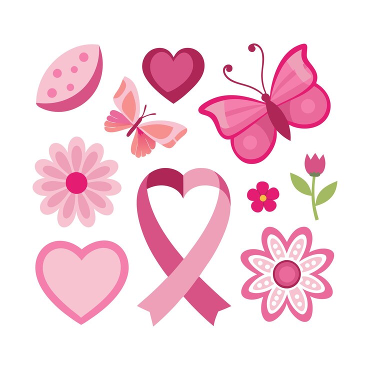 Vettore un set di fiori a nastro rosa farfalle e cuori elementi di consapevolezza del cancro al seno vector desing