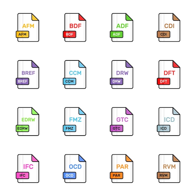 Un set di icone vettoriali piatte colorate che rappresentano diversi formati di file