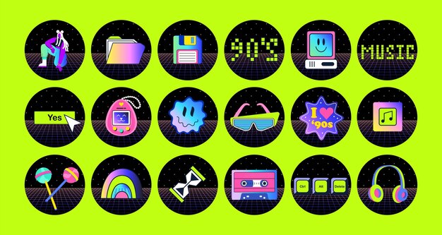 Un set di momenti salienti acidi per i social media Luminoso stile y2k anni 2000 anni '90 Floppy disk per musica da gioco per PC