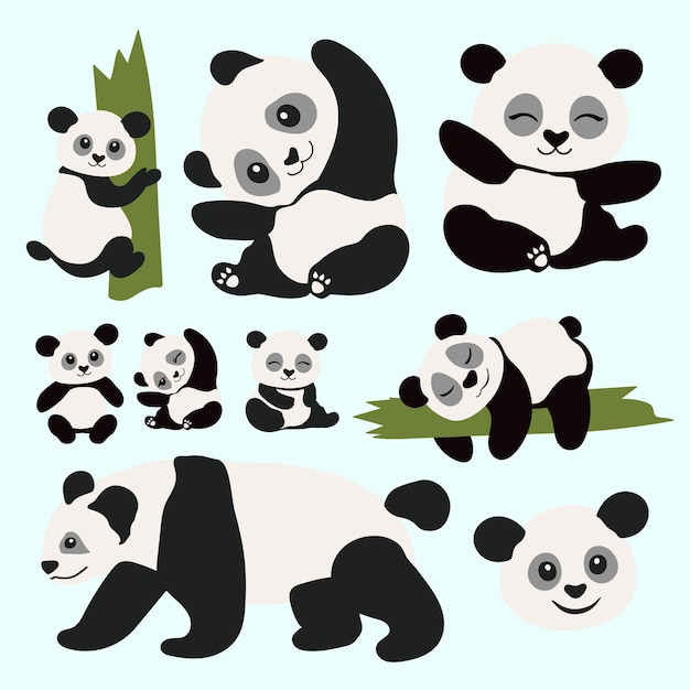 Un set di panda su sfondo blu
