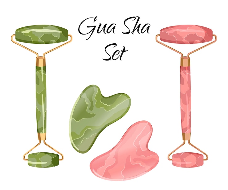 Vettore un set di rulli facciali gua sha raschietto in giada verde e quarzo rosa illustrazione vettoriale isolato