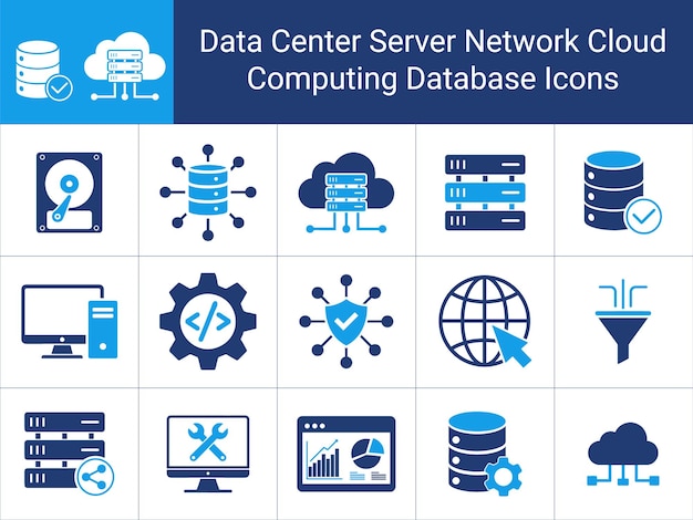 Un set di server di data center, reti cloud, icone di sicurezza, illustrazione vettoriale dell'icona del pacchetto