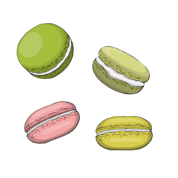 Un set di simpatiche paste francesi in diversi colori. Piccoli pasticcini francesi. Illustrazione di dolci e papà