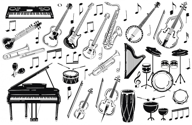 Vettore un set di strumenti musicali. collezione di strumenti musicali stilizzati.