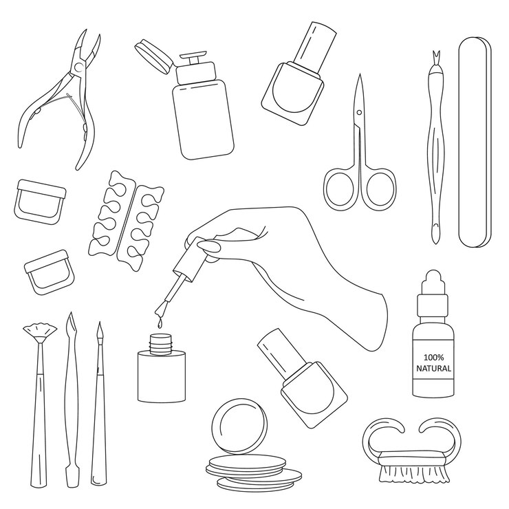 Un set di strumenti per manicure in stile lineare.