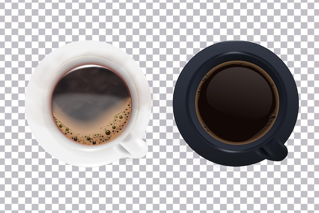 Un set di tazze bianche e nere con piattino e caffè su sfondo trasparente