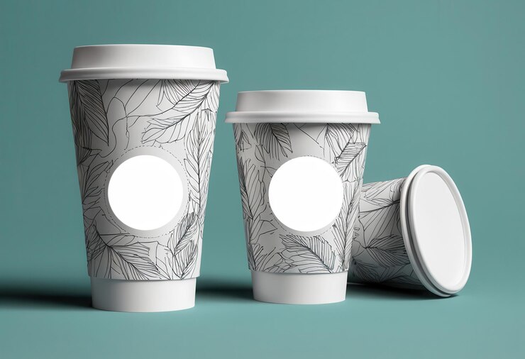 Vettore un set di tre tazze da caffè con un disegno su di loro